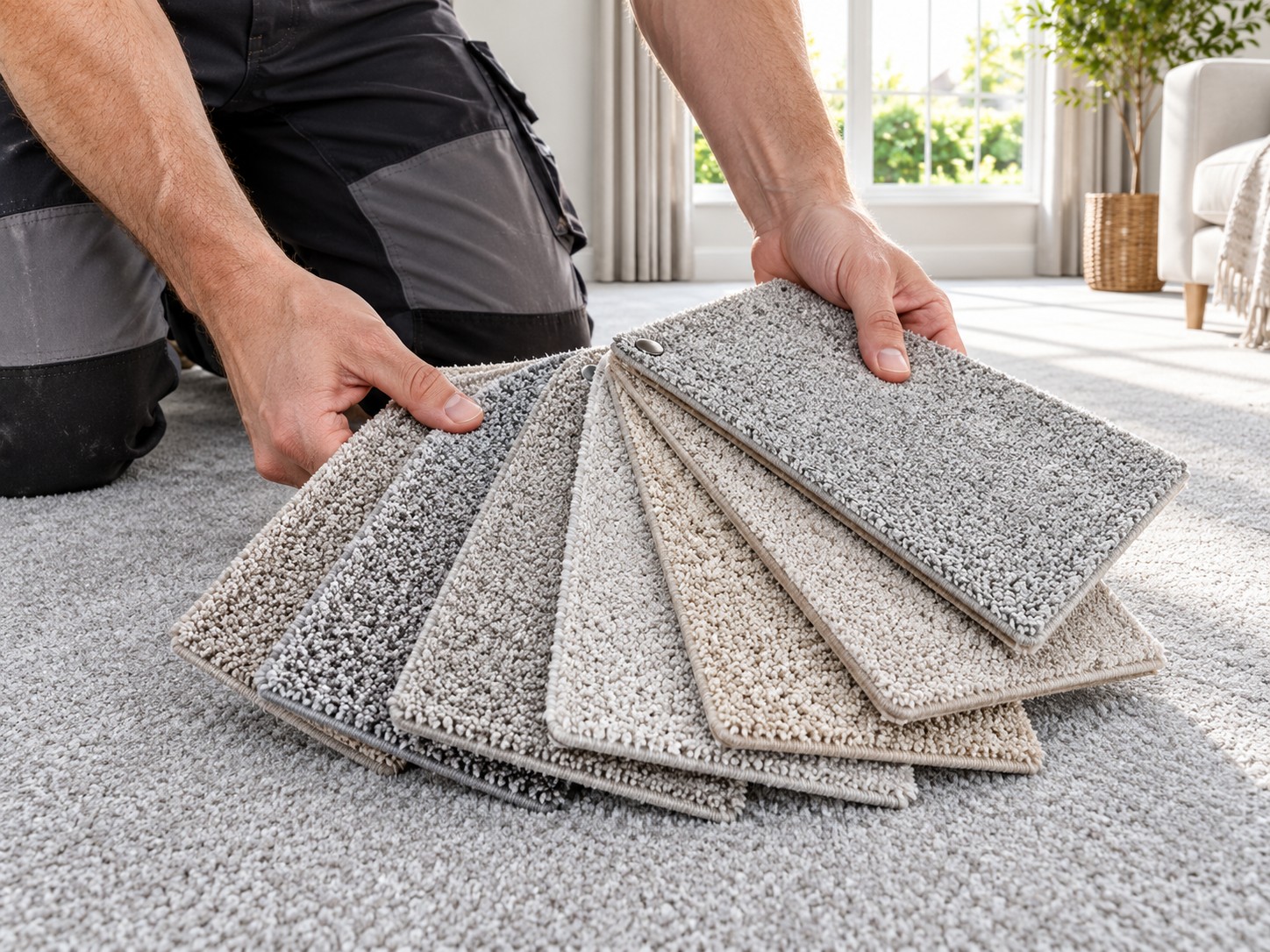 Carpet samples fanned out on a new carpet