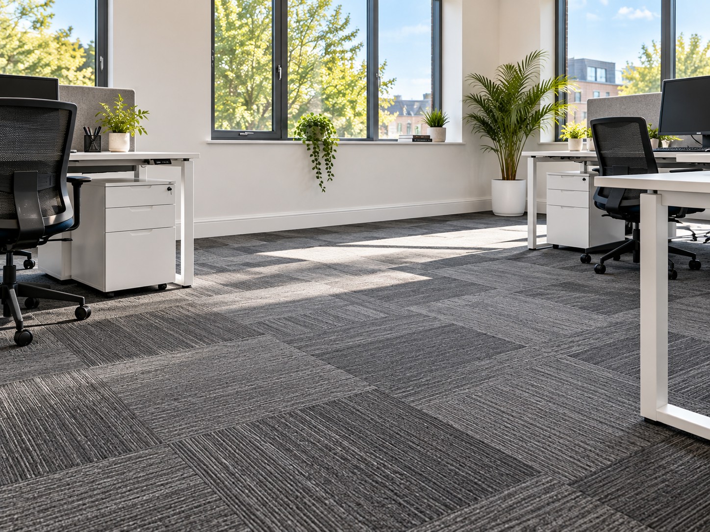 Office with grey carpet tiles