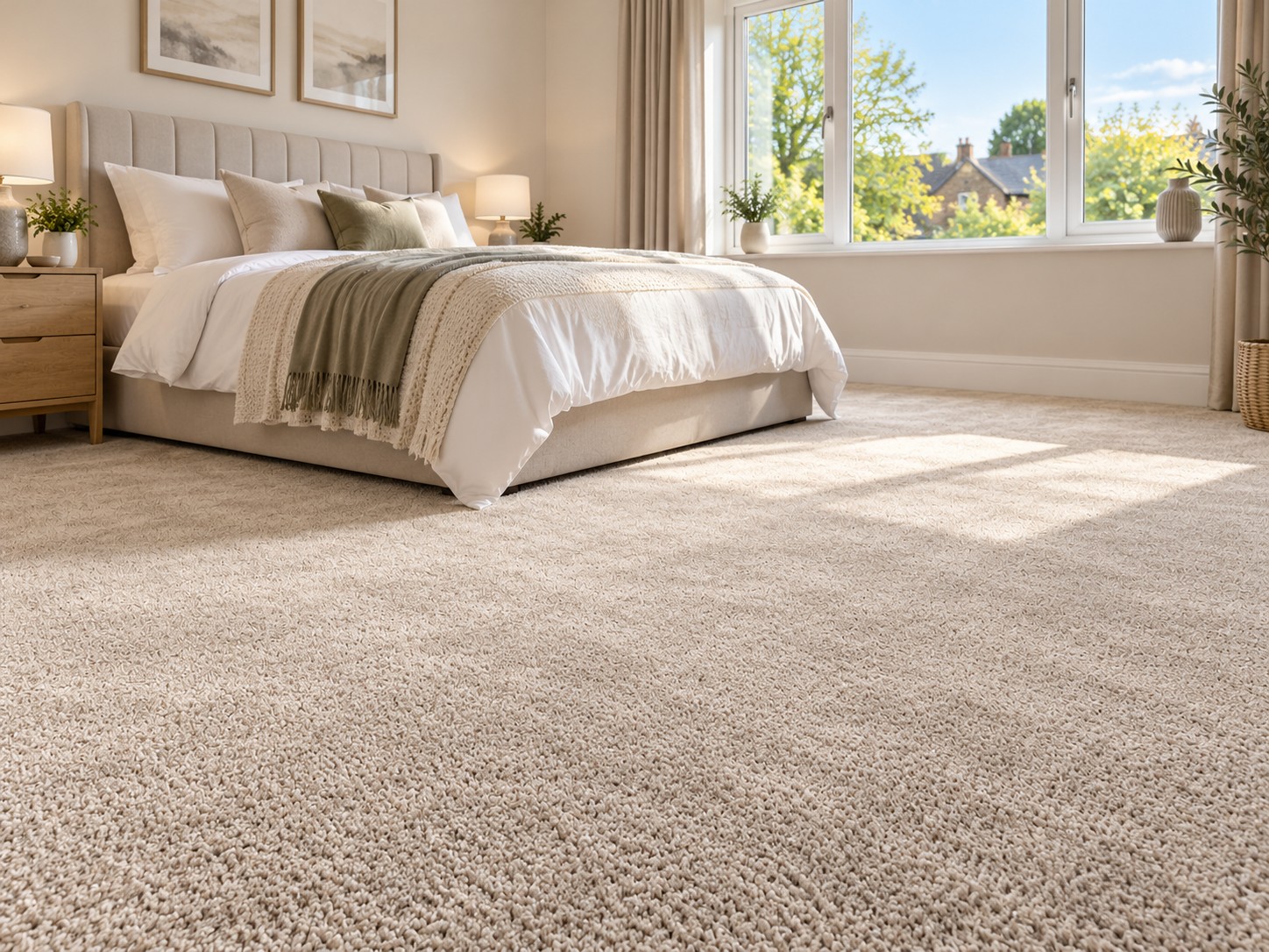 Bedroom with a new oatmeal carpet