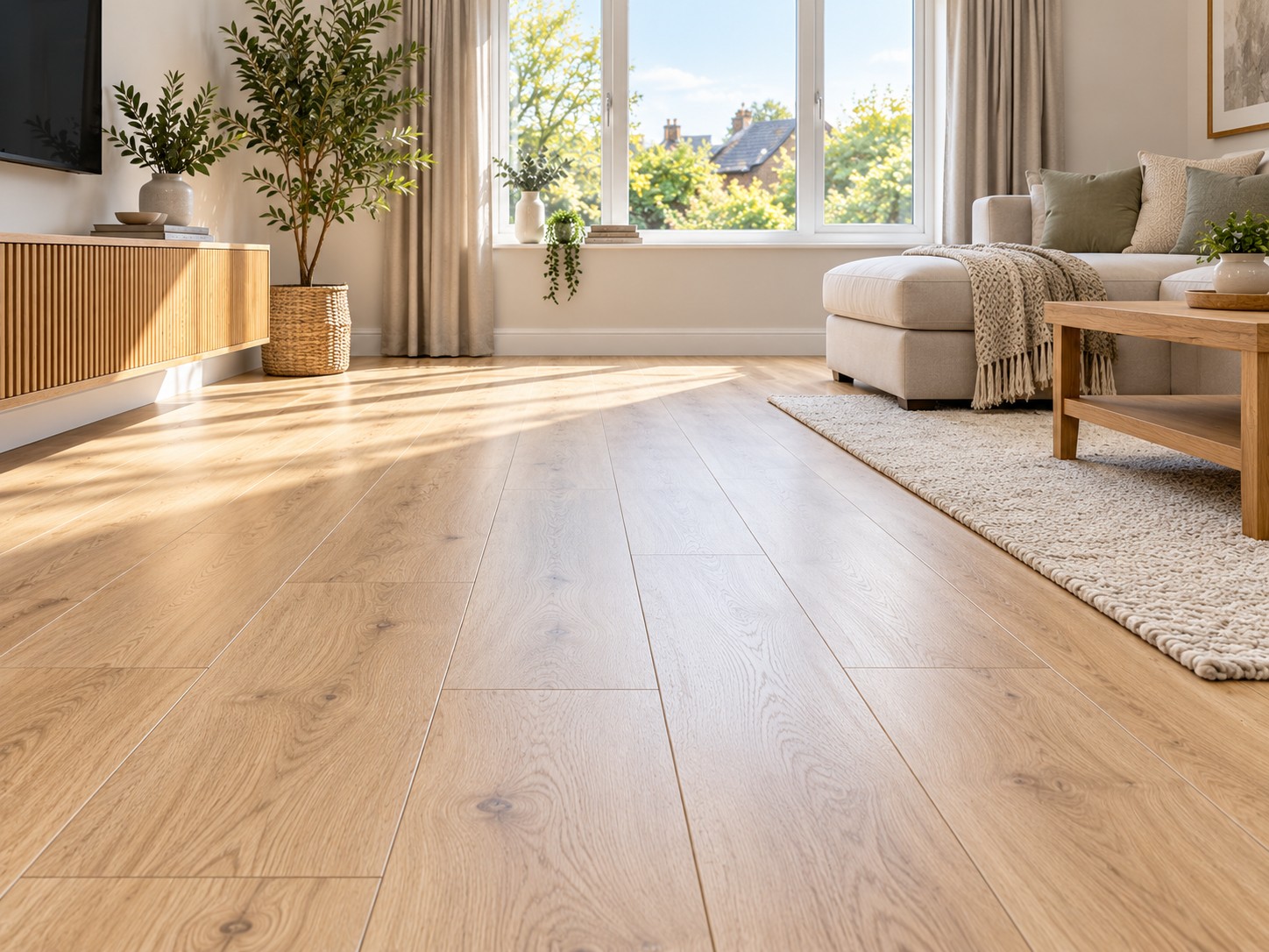 Living room with light oak laminate flooring