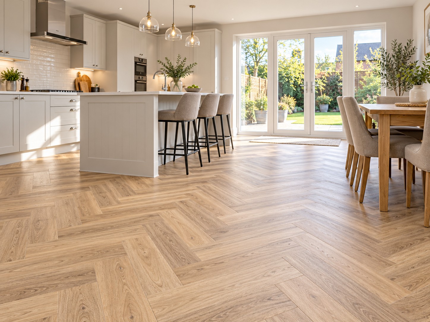 Kitchen-diner with herringbone LVT flooring