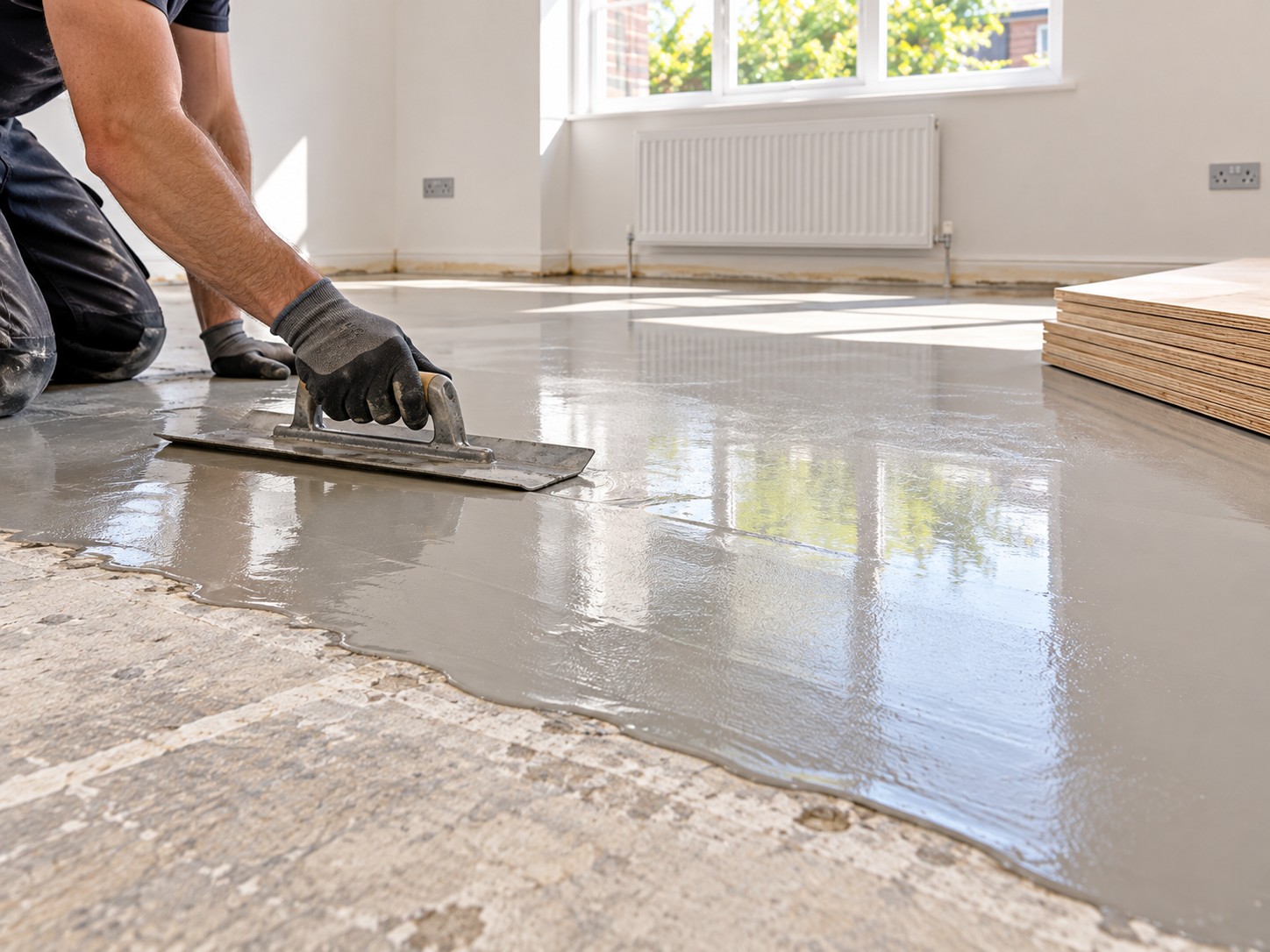 Fitter levelling a subfloor with latex screed