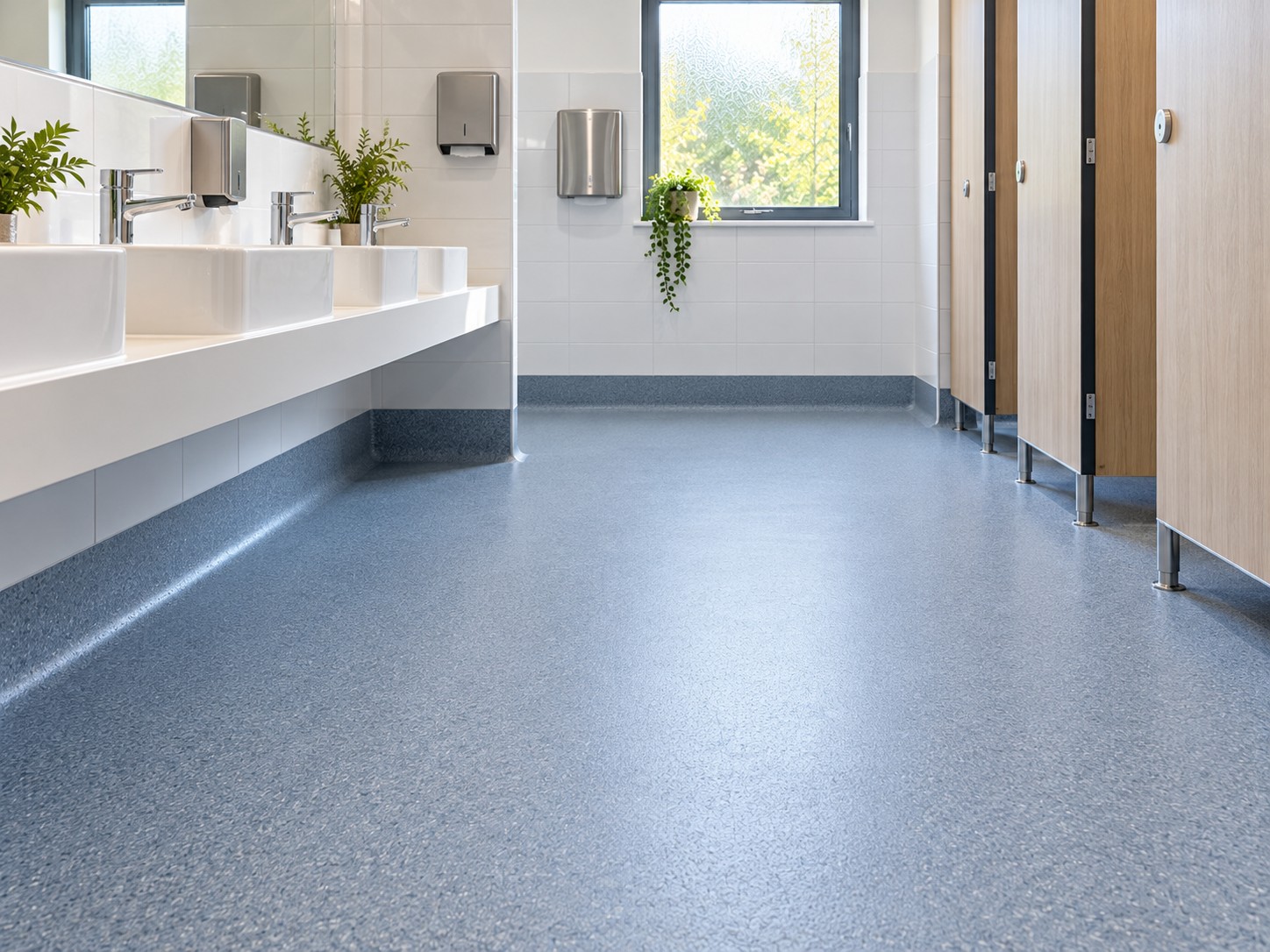 Washroom with non-slip safety flooring and coved edges