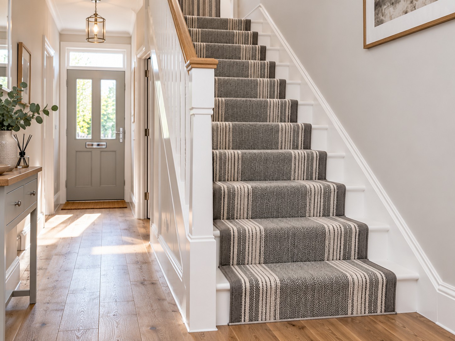 Staircase with a new striped stair runner