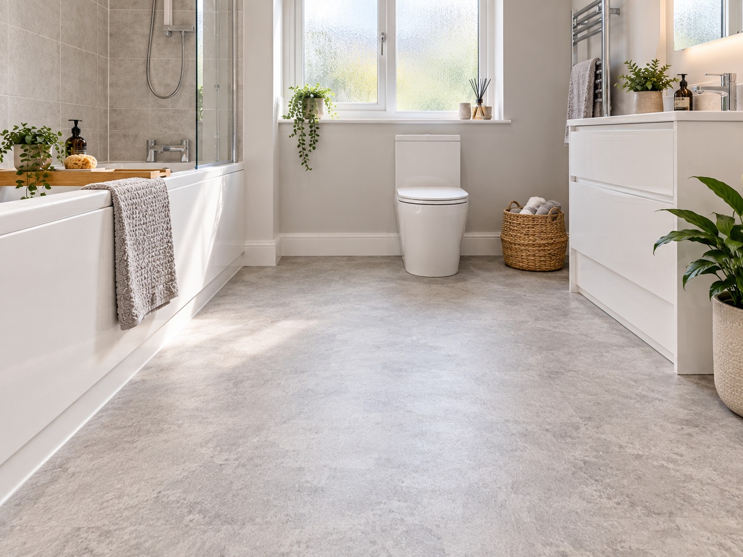 Bathroom with grey sheet vinyl flooring